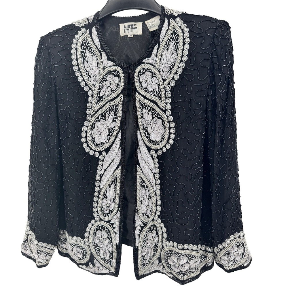 Vtg Nite line Black Sequined‎ Beaded Pearl Evening Jacket Women's Money Glam